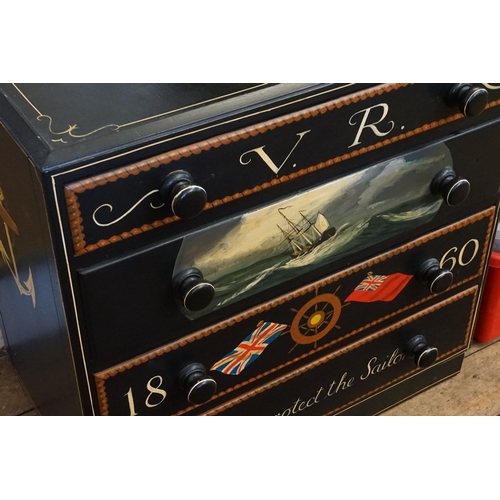 572 - A Reproduction Chest of Drawers Black Painted & Schooner Vignette Victoria Regina & Verse 