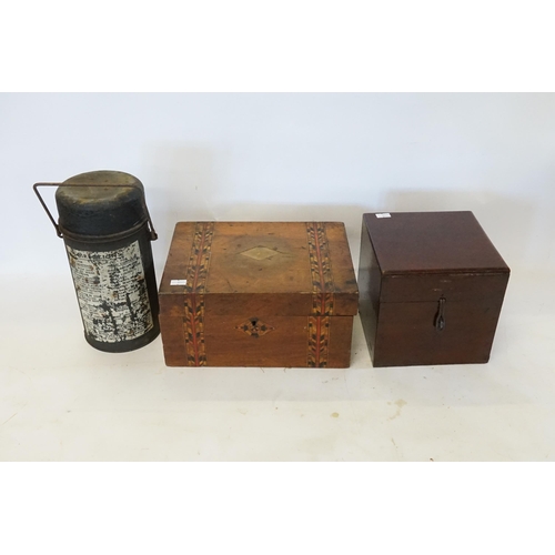 553 - A Mahogany Square Case for a Ship's Clock along with a Tunbridge inlaid Box & a WWII Thermos Flask.