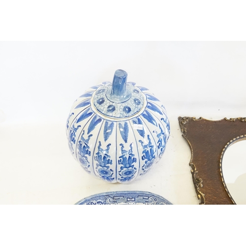 537 - A Pumpkin Ginger Jar, a Blue & White Plate & a Victorian Mirror.