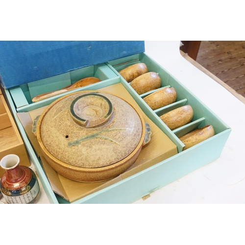 468 - A Japanese Kutani Sake Set decorated with various verses in a Hand made Cedar Box with Characters & ... 