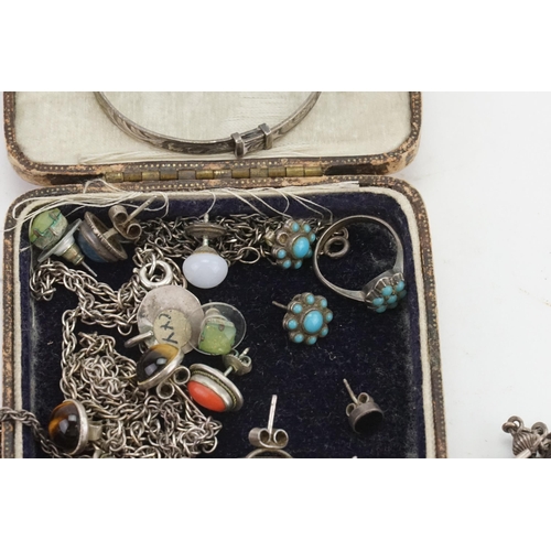 234 - A collection of silver and other costume jewellery, include turquoise etc. Contained in antique box.