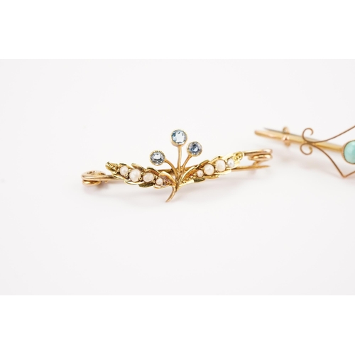 202 - A unmarked seed pearl brooch, along with a 9ct gold marked turquoise brooch. Weight 3g.