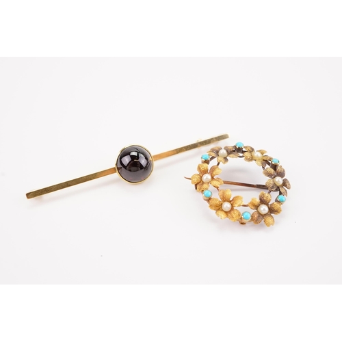 203 - A seed pearl and turquoise brooch, along with a cabochon garnet brooch. Weight 6g.