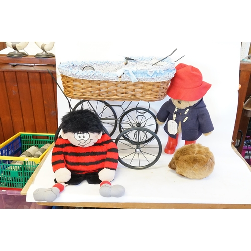 1107 - A Vintage Children's Pushchair along with an Original Paddington Bear, a Dennis the Menace Doll & a ... 