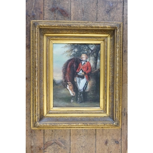 399 - A picture of an 18th century Red Tunicked Horse Rider with Cavalry Sabre in a Gilt Frame. Measuring:... 