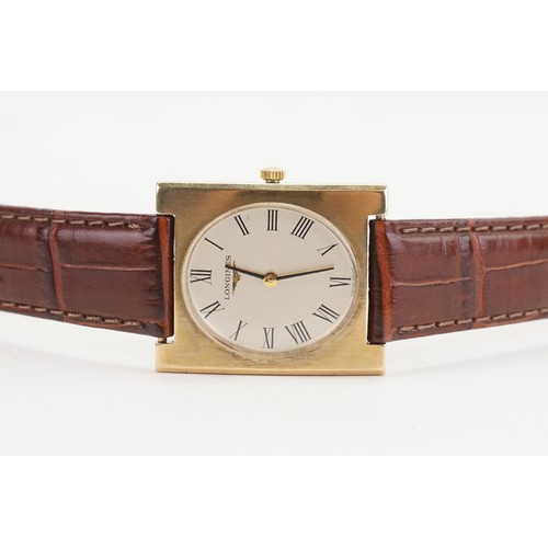 262 - A 9ct Gold Oval Faced Tank Style Gentleman's Longines Wristwatch with a Brown Leather Strap & a Gold... 