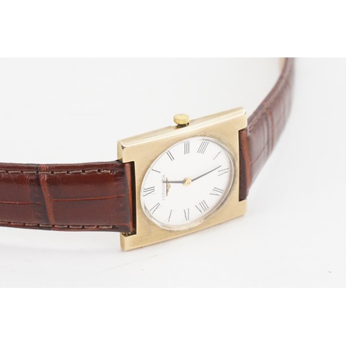 262 - A 9ct Gold Oval Faced Tank Style Gentleman's Longines Wristwatch with a Brown Leather Strap & a Gold... 