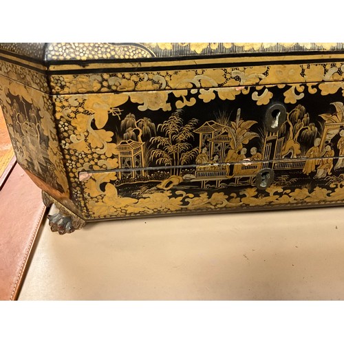 438 - NEW PHOTOS. A Regency period Chinese Black Lacquered Chinoiserie Needlework Box decorated with Garde... 