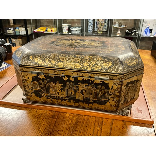 438 - NEW PHOTOS. A Regency period Chinese Black Lacquered Chinoiserie Needlework Box decorated with Garde... 