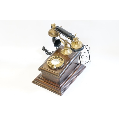 362 - An Antique Design 1920s Wood Cased Box Phone with Brass & Wooden Two Bell Receiver.