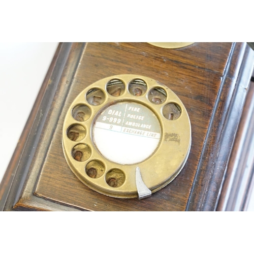 362 - An Antique Design 1920s Wood Cased Box Phone with Brass & Wooden Two Bell Receiver.