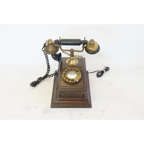 362 - An Antique Design 1920s Wood Cased Box Phone with Brass & Wooden Two Bell Receiver.