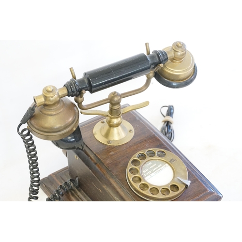 362 - An Antique Design 1920s Wood Cased Box Phone with Brass & Wooden Two Bell Receiver.