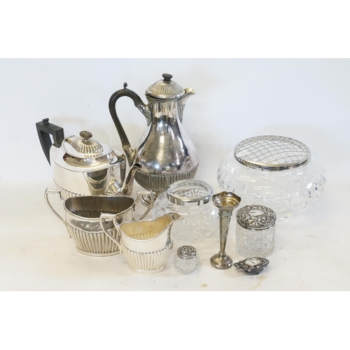 127 - A Silver Topped Trinket Box, Hair Tidier, Silver Vase, Silver Plated Tea Set, Jug & two Glass Bowls.