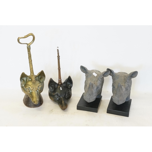 385 - A Brass Fox Head Door Stop, one other & a Pair of Rhinoceros Book Ends.