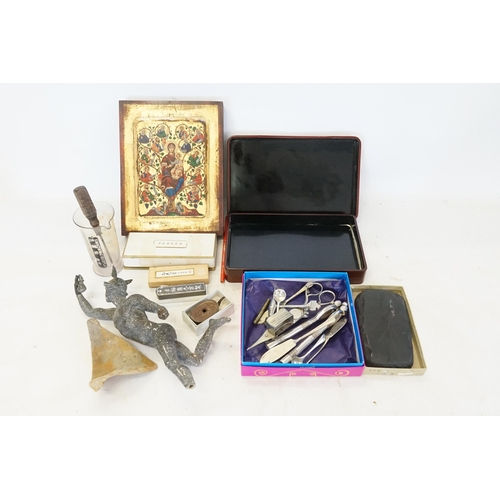 386 - A  Modern Russian Icon, a Calligraphy Set, Silk Snuffers, Silver Butter Knife, Figure of Hermes, etc... 