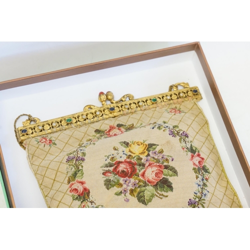 380 - A French Petit Point Handbag set with various coloured Gems, two Tea Bowls & a Frame.