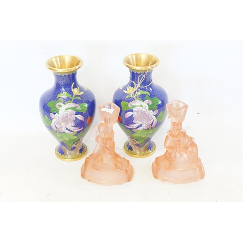 315 - A Pair of Blue Cloisonne Floral decorated Vases & a Pair of Jobbins Art Deco Candlesticks.