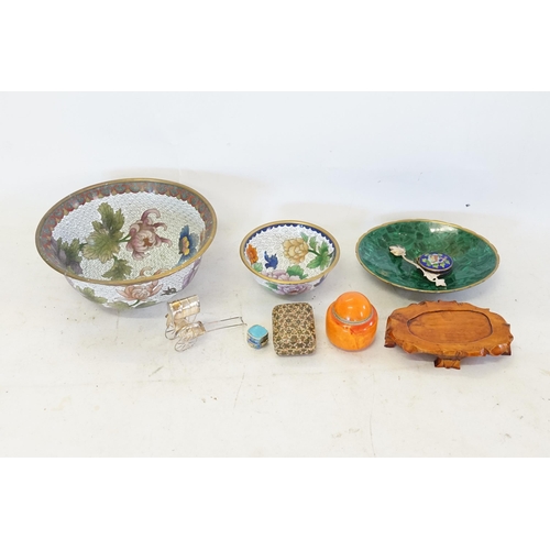 312 - Two Chinese Cloisonne Bowls, a Malachite Bowl, Rickshaw & other items.