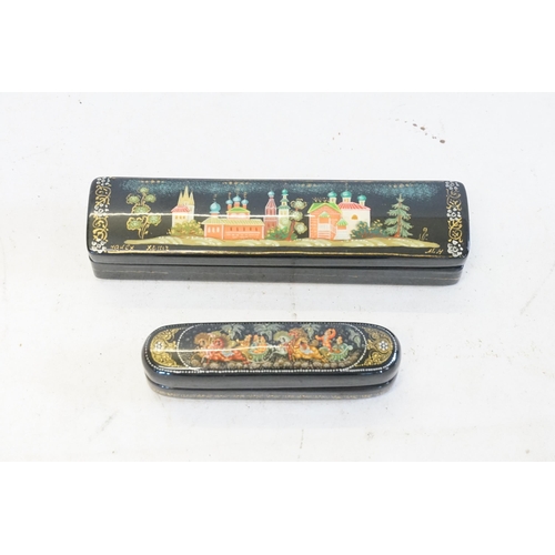 390 - A Russian Tooth Pick Holder decorated with a Fantasy Scene & one other with Buildings.