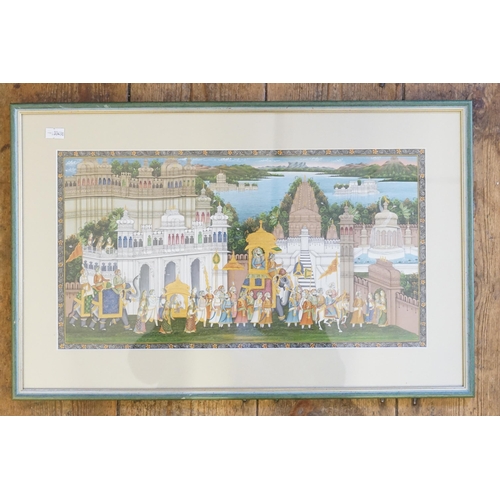 452 - An Indian Painting depicting a Temple scene with a Procession coming up to the gate to include Eleph... 