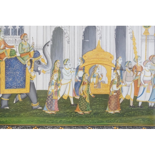 452 - An Indian Painting depicting a Temple scene with a Procession coming up to the gate to include Eleph... 