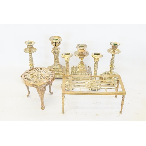 598 - Six various French design Brass Candlesticks & Two Brass Trivets.