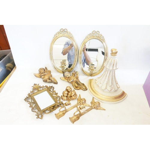 599 - A Pair of Brass Looking Glasses with Candlesticks, a Pair of Cherub Candlesticks Wall Lights, a Fren... 