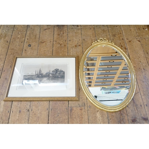 555 - An Oval Gilt framed Mirror & a Signed Print of a Rural Scene.