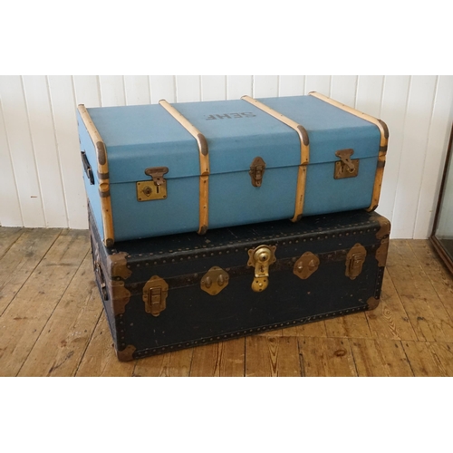 563 - A Steamed Bentwood Bound Blue Painted Cabin Trunk & one other Steamer Trunk.