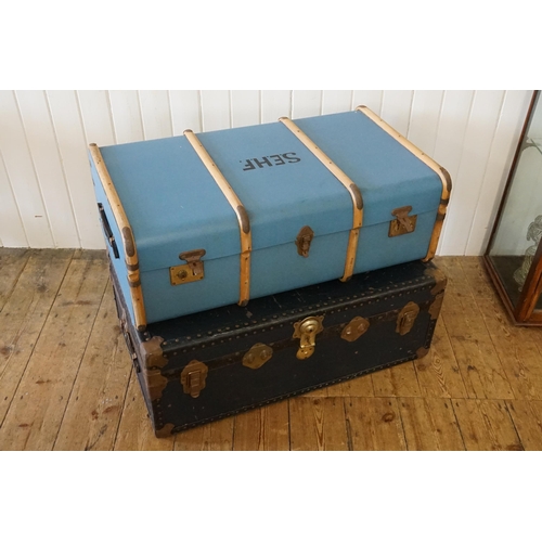 563 - A Steamed Bentwood Bound Blue Painted Cabin Trunk & one other Steamer Trunk.