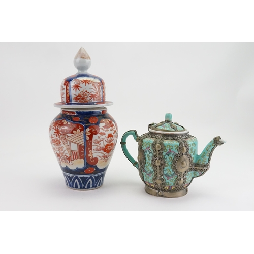 320 - A Chinese Green Glazed Cantonese enamelled Tea Pot with Tibetan metal work overlaid Tea Pot & a Japa... 