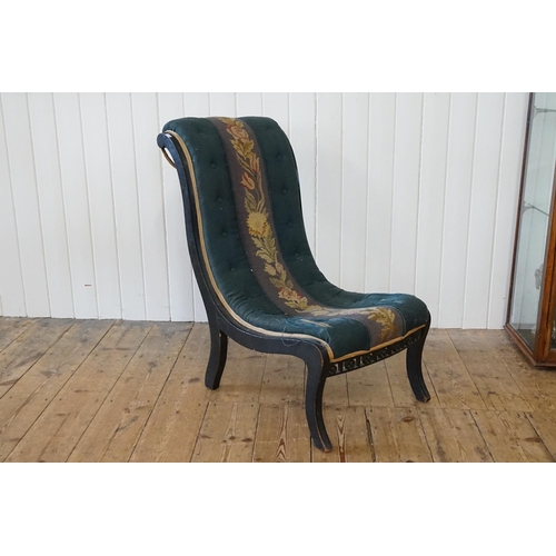 526 - A Late 19th Century ebonised Nursing Chair with Blue padded Velour & Needlework Centre.