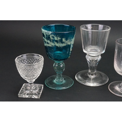 727 - A Georgian design Scissors cut Square Cut Base Liqueur Glass, a Medina Goblet, one other & two vario... 