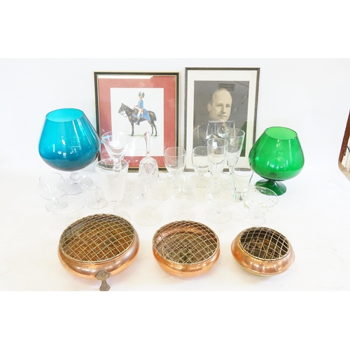 731 - Three Copper Bowls, Jubilee Wine Glasses, Large coloured Goblets, Prints, etc.