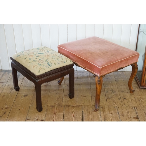 483 - A Chinese Hardwood Foot Stool & a Victorian Pink Velour Topped Foot Stool resting on a shaped Spanis... 