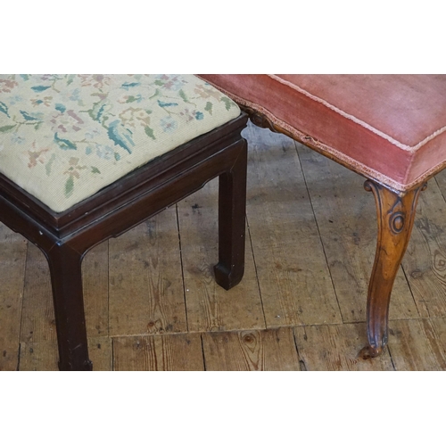 483 - A Chinese Hardwood Foot Stool & a Victorian Pink Velour Topped Foot Stool resting on a shaped Spanis... 