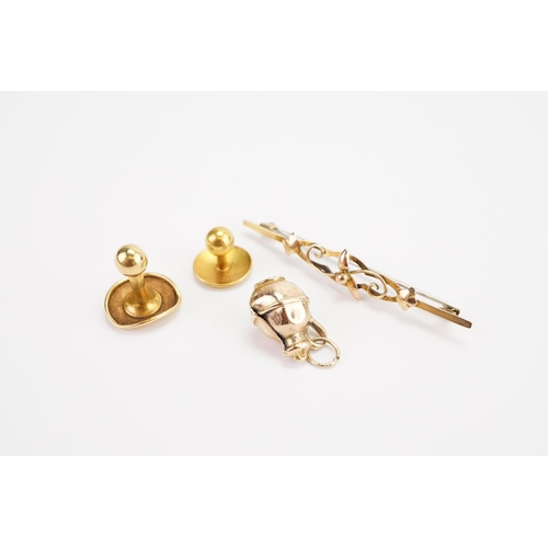 139 - Two 18ct Gold Studs (3g) along with a 9ct Gold Brooch and Charm. Weight: 2.2g.