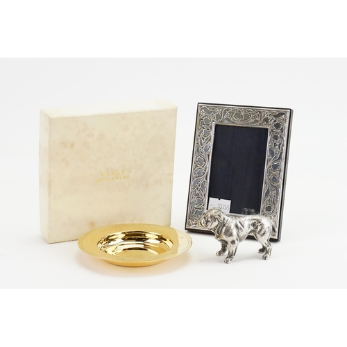 51 - A Silver Photo Frame along with a Silver Gold gilt dish and an unmarked study of a dog.