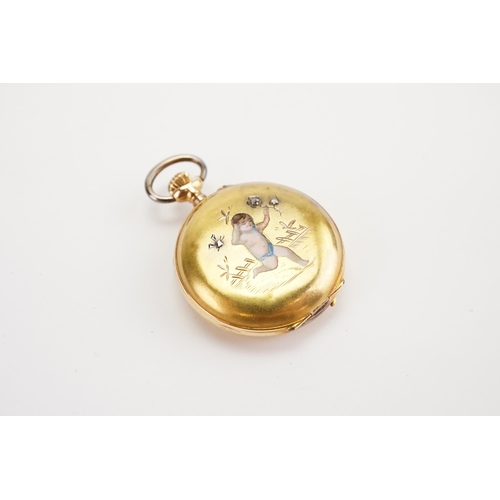 218 - An Enamelled Cherub and Diamond decorated 18ct Gold Pocket Watch. Weighing: 17.3g.