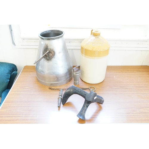 601 - A Swing Handled Continental Metal Wine/Milk Carrier, a Taunton Cider Flagon, a Spigot, a Shoe Last, ... 