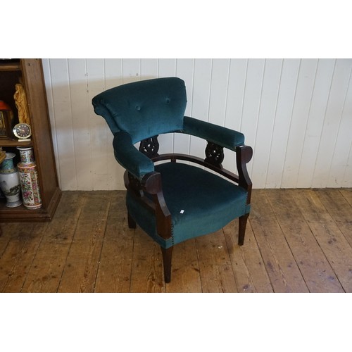 470 - A Victorian Over Stuffed Drawing Room Chair in Blue Button Backed Velvet with pierced carved & Turne... 