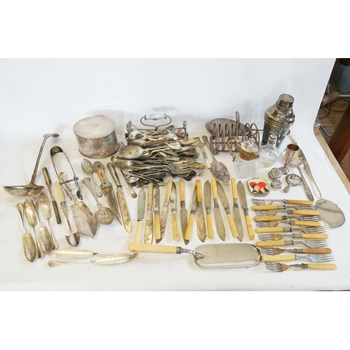 118 - A quantity of Silver Plated Cutlery, a Tea Caddy, a Cocktail Shaker, Pastry Tongs, etc.