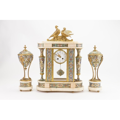 277 - A Late Victorian French Champleve Enamelled & Cream Marble Drawing Room Clock with round supports, G... 