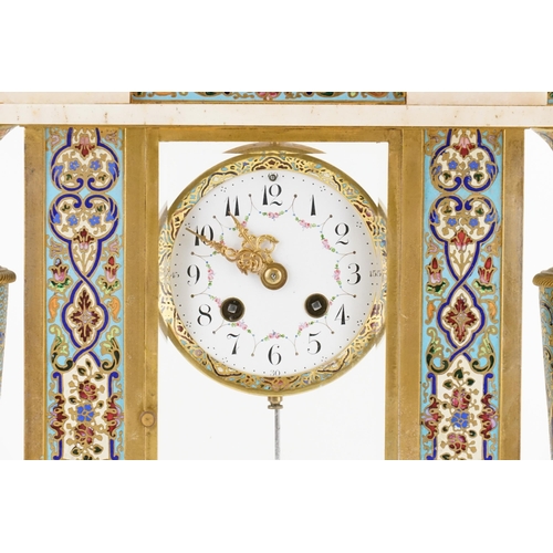 277 - A Late Victorian French Champleve Enamelled & Cream Marble Drawing Room Clock with round supports, G... 