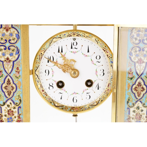 277 - A Late Victorian French Champleve Enamelled & Cream Marble Drawing Room Clock with round supports, G... 