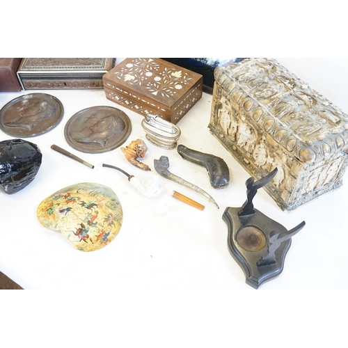 355 - A Medieval Plaster Casket, Obsidian, Pipes, Camera, Cigarette Lighter, etc.