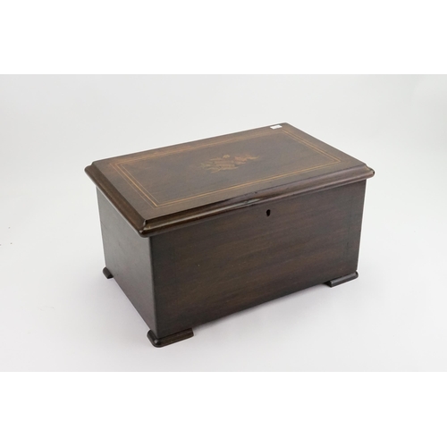 440 - A Victorian Rosewood & inlaid Music Box fitted three Bells, Drum movement, steel & brass mechanism. ... 