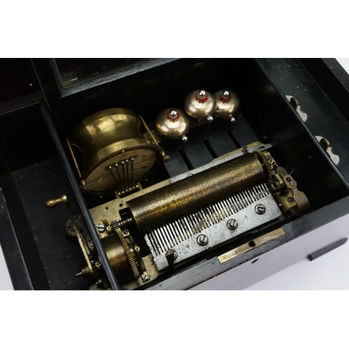 440 - A Victorian Rosewood & inlaid Music Box fitted three Bells, Drum movement, steel & brass mechanism. ... 