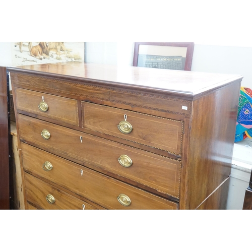 489 - A Large Georgian Mahogany Greek Key & Barbers Pole inlaid Sectional Chest of Two Short & Four Long D... 